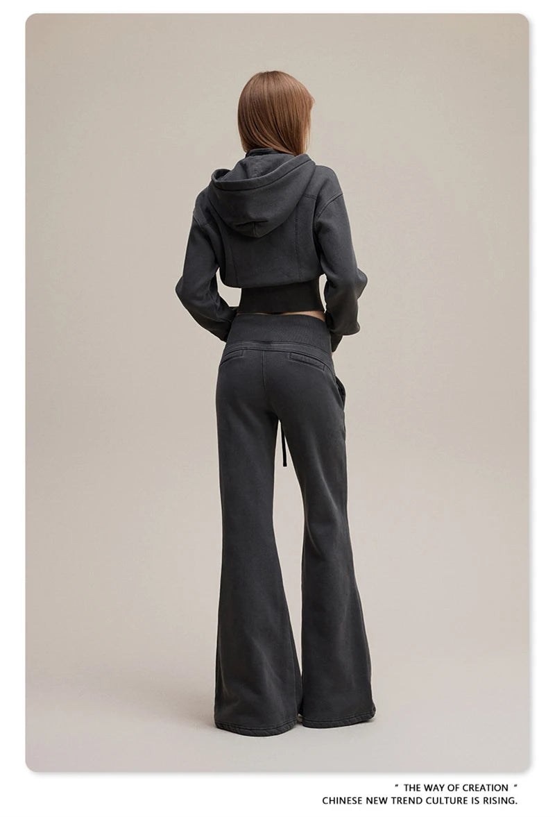 ZODF Retro Winter Women 400gsm Fleece Flared Pants Casual Girls Female Slim Fit Warm Washed Distressed Trousers HY1142