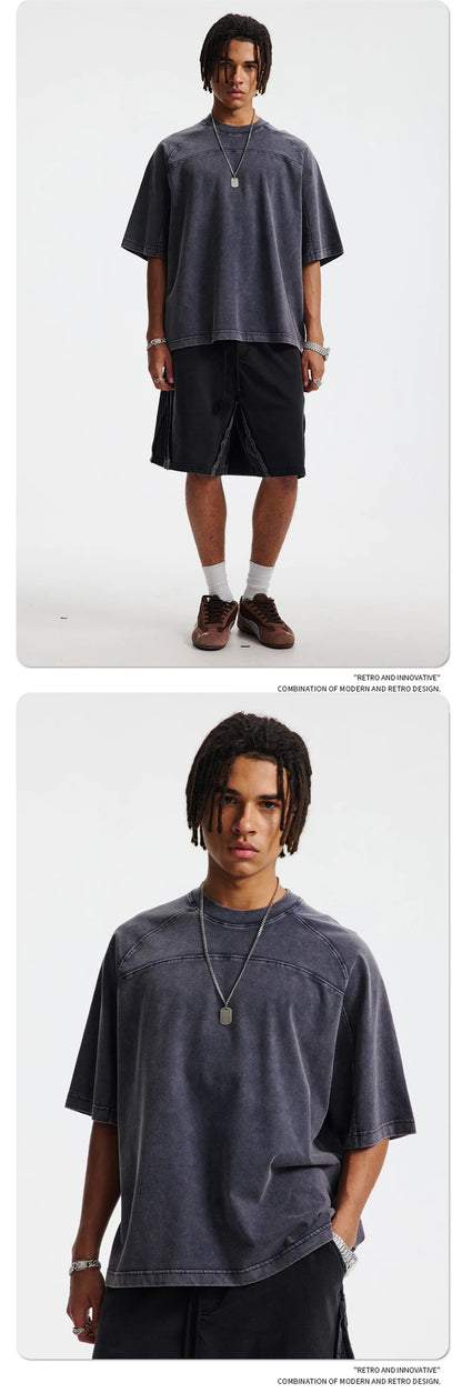 ZODF Retro 2025 Men Summer Batik Washed Cotton T-Shirts Unisex High Street Raglan Sleeve Patchwork T Shirt Brand Tees HY1062