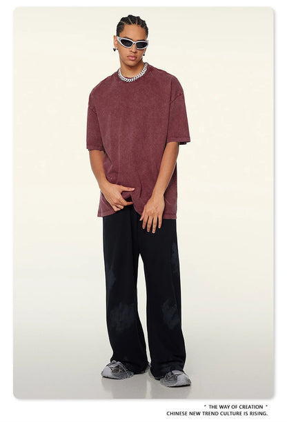 ZODF New Summer Men Washed Batik Cotton T Shirts Unisex American Retro High Street 270gsm Short Sleeve Tees Streetwear HY0489