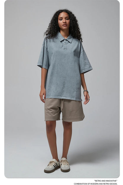 ZODF Summer Men Batik Washed 275gsm Cotton T Shirt Unisex Retro Turn Down Collar Short Sleeve T-shirts Tees HY0533