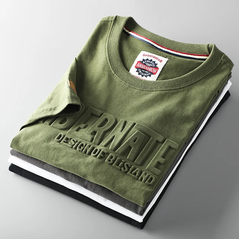 Summer American Retro Short-sleeved O-neck 3D Letter Printed T-shirt Men's Fashion Simple 100% Cotton Washed Casual Sport Tops