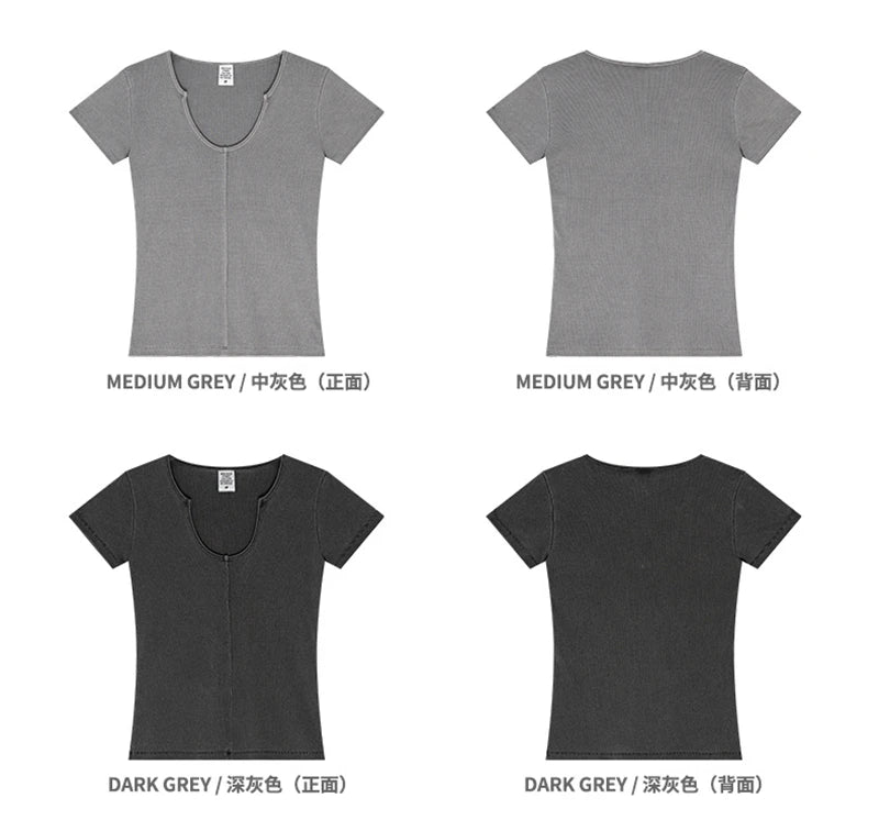 ZODF Women Retro 2025 Summer 275gsm U Collar Washed T-Shirts Hotsweet Girls Sexy Slim Fit T Shirt Brand Tees HY0992