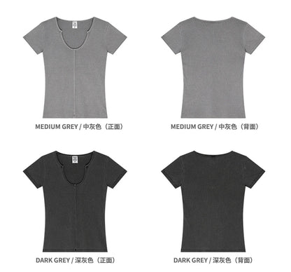 ZODF Women Retro 2025 Summer 275gsm U Collar Washed T-Shirts Hotsweet Girls Sexy Slim Fit T Shirt Brand Tees HY0992