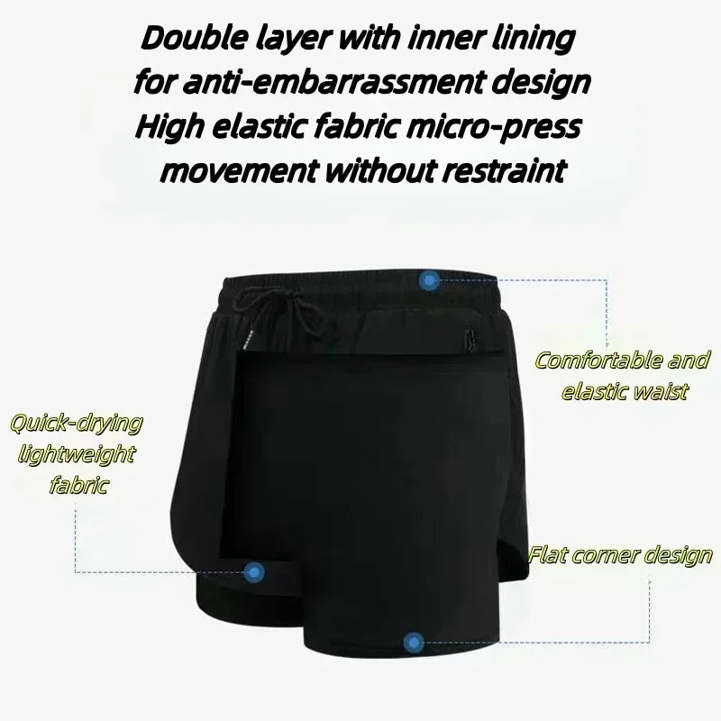 Summer Quick Dry Gym Shorts Man Demon Slayer Fashion Anime Print Double-layer Pants Streetwear Sportswear Fitness Beach Pants