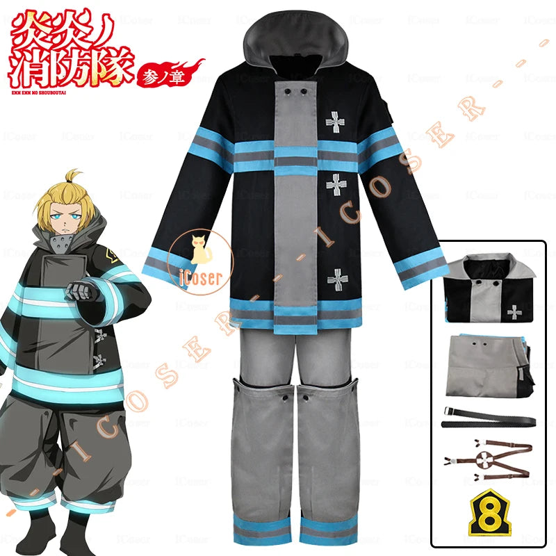 Arthur Boyle Cosplay Costume Wig Black Blue Uniform Anime Fire Force Protective Outer Jacket Halloween Party Women Men Carnival