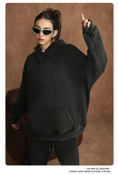 ZODF Winter Autum Men's Washed 400gsm Fleece Hoodies Unisex Couple Retro Oversized Ripped Hooded Sweatshirts Pullovers HY0652