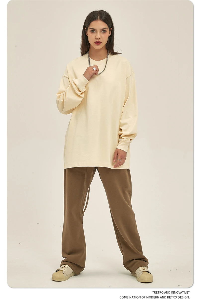 ZODF New 2025 Autumn Men 305gsm 100% Cotton T Shirt Unisex Loose Heavy Weight Basic Long Sleeve Solid T-Shirts Tops HY0634