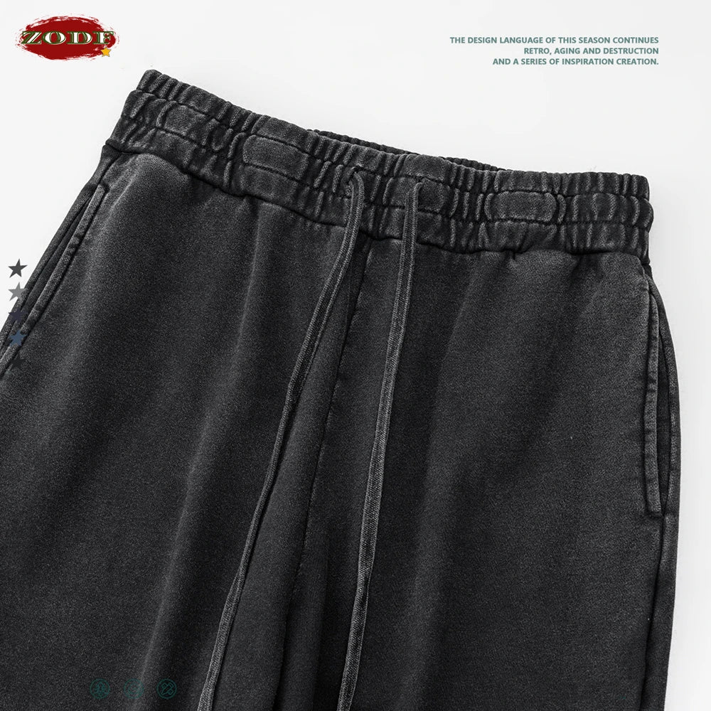 ZODF Retro Men Washed 380gsm 100% Cotton Sweatpant Unisex Loose Sport Solid Joggers Pants For Spring Autumn  HY0901