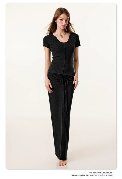 ZODF Women Retro 2025 Summer 275gsm U Collar Washed T-Shirts Hotsweet Girls Sexy Slim Fit T Shirt Brand Tees HY0992