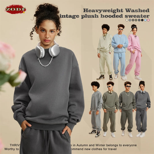 ZODF New Men Winter 355gsm Washed Fleece Sweatshirts Retro Unisex Oversized Solid O-Neck Warm Pullovers Coat Streetwears HY0639