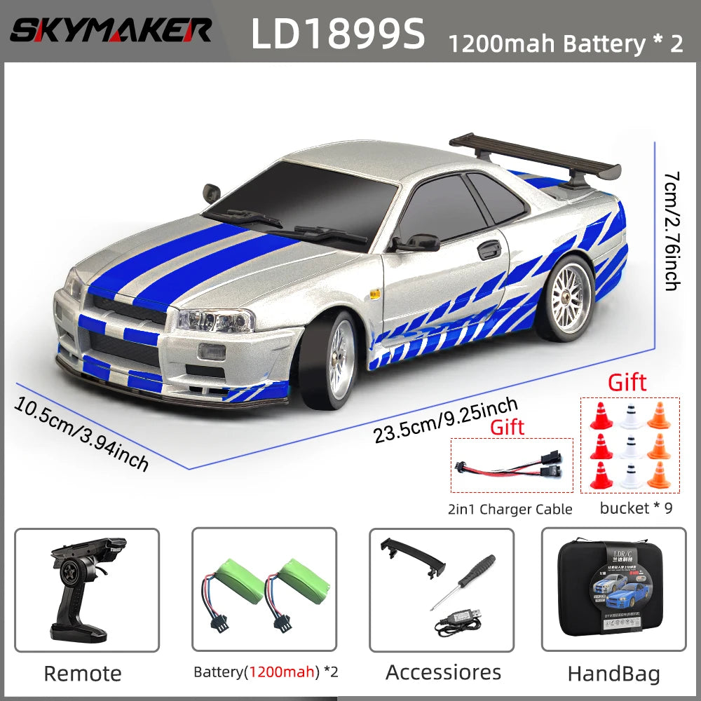 Skymaker LDRC 1/18 RC Drift Car LD1899 GTR Mode R34 2.4GHz RWD with Gyroscope on-Road Alloy Body Shell Racing Car for Boys Gifts
