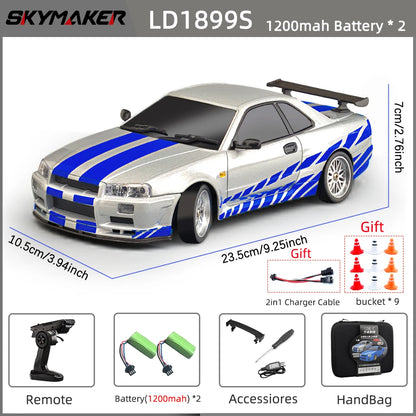 Skymaker LDRC 1/18 RC Drift Car LD1899 GTR Mode R34 2.4GHz RWD with Gyroscope on-Road Alloy Body Shell Racing Car for Boys Gifts