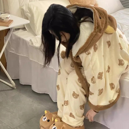 Rilakkuma Women'S Fleece-Lined Thickened Robe Coral Fleece Flannel Hooded Home Clothes Warm Nightgowns Casual Wear For Going Out
