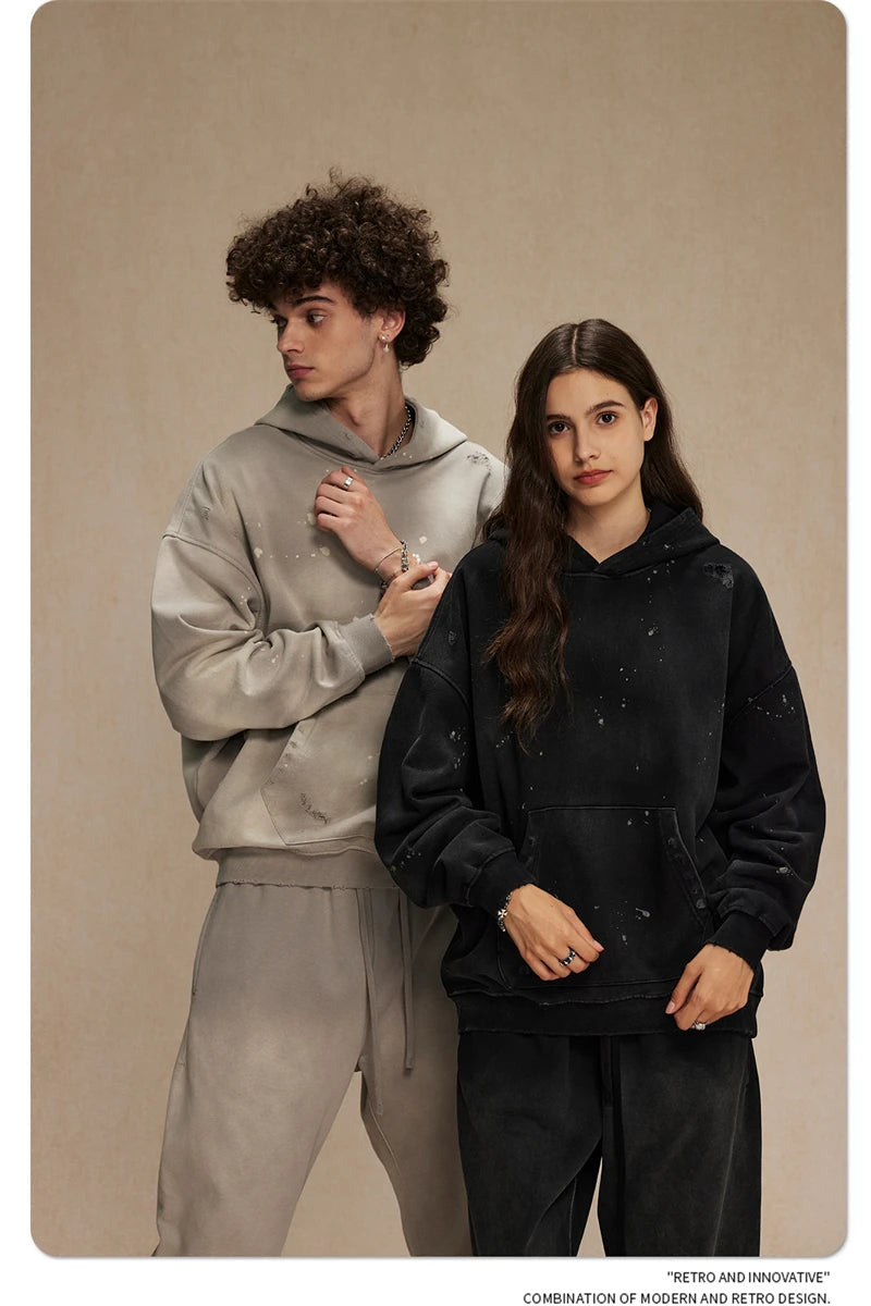 ZODF Autumn Winter Spray Dyeing Ink Splashing Hoodies For Men Unisex 450gsm Washed Oversized Knitted Hooded Pullovers HY0908