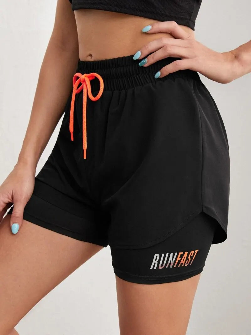 Women’s High Rise Elastic Waist Yoga Shorts with Fake Two-Piece Design for Running - black / L