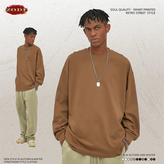 ZODF New 2025 Autumn Men 305gsm 100% Cotton T Shirt Unisex Loose Heavy Weight Basic Long Sleeve Solid T-Shirts Tops HY0634