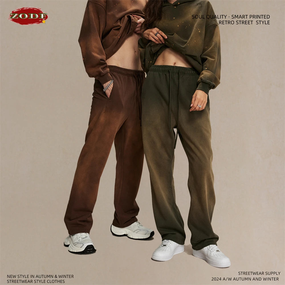 ZODF Retro Autumn Men's Washed Pants Retro Unisex Heavy Weight 450gsm Sports Knitted Straight Trouser Brand Clothes HY0916