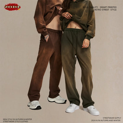 ZODF Retro Autumn Men's Washed Pants Retro Unisex Heavy Weight 450gsm Sports Knitted Straight Trouser Brand Clothes HY0916