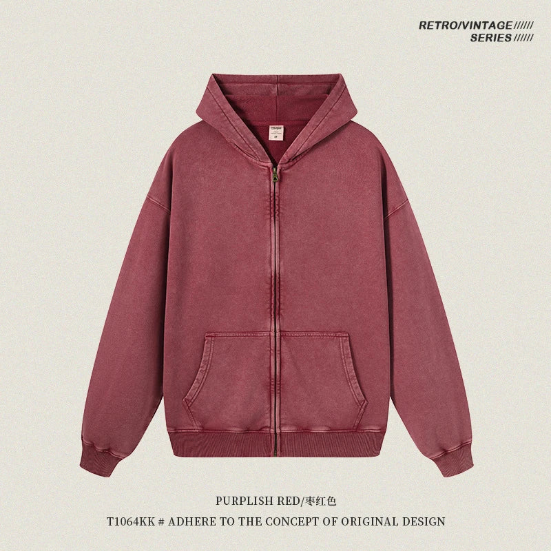 ZODF Retro Autumn Batik Washed 100% Cotton 420gsm Terry Oversized Distressed Zipper Hoodie Unisex HY0936 - Purplish Red