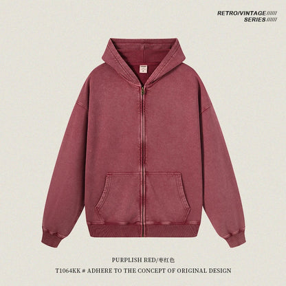 ZODF Retro Autumn Batik Washed 100% Cotton 420gsm Terry Oversized Distressed Zipper Hoodie Unisex HY0936 - Purplish Red