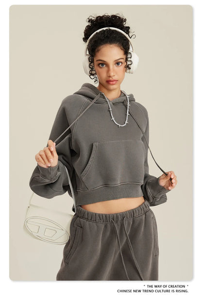 ZODF Women Hotsweet 2025 Winter Washed Fleece Crop Hoodies Girls Oversized Raglan Sleeve 400gsm Hooded Pullovers HY0648