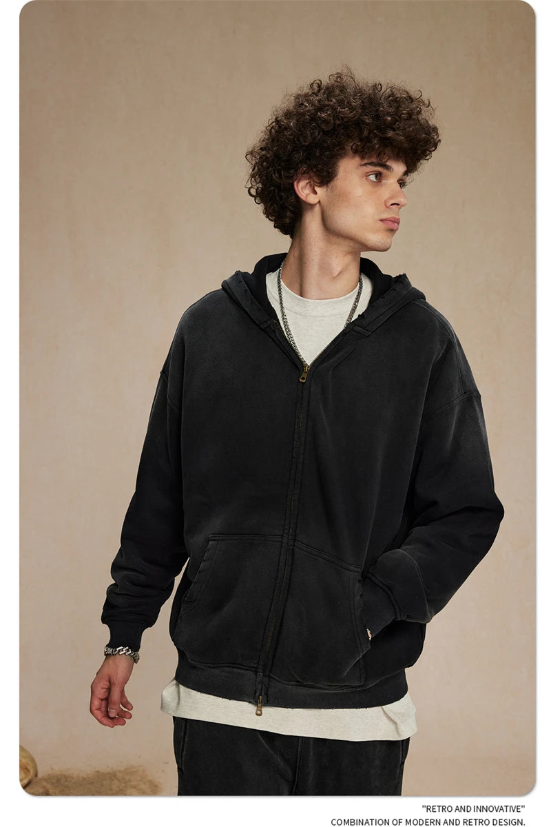 ZODF Retro Winter Men Spray-Dyed Zipper Hoodies Unisex Loose 360gsm Zipper Fleece Hooded Sweatshirt Pullovers Coats HY0719