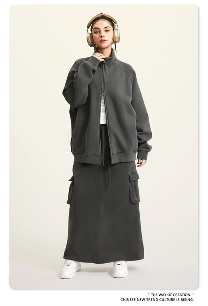 ZODF Retro Winter Men Washed Fleece Zipper Jackets Unisex Loose Oversized 400gsm Raglan Sleeve Coats Streetwears HY0649