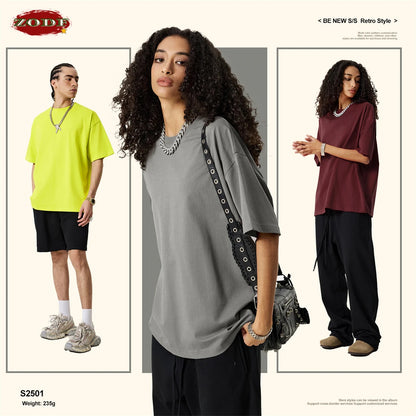 ZODF New 2025 Spring Summer 235gsm Solid Cotton T-Shirts For Men Women Unisex Loose Basic T Shirt Tees Brand Tops HY0970