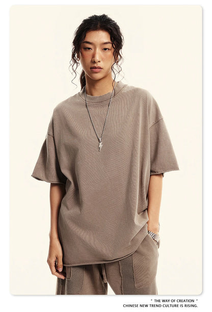 ZODF Retro 2024 Summer Men Washed Cotton T-Shirts  Unisex Women 310gsm Distressed Hem Loose Edge T Shirt Brand Tees HY0808