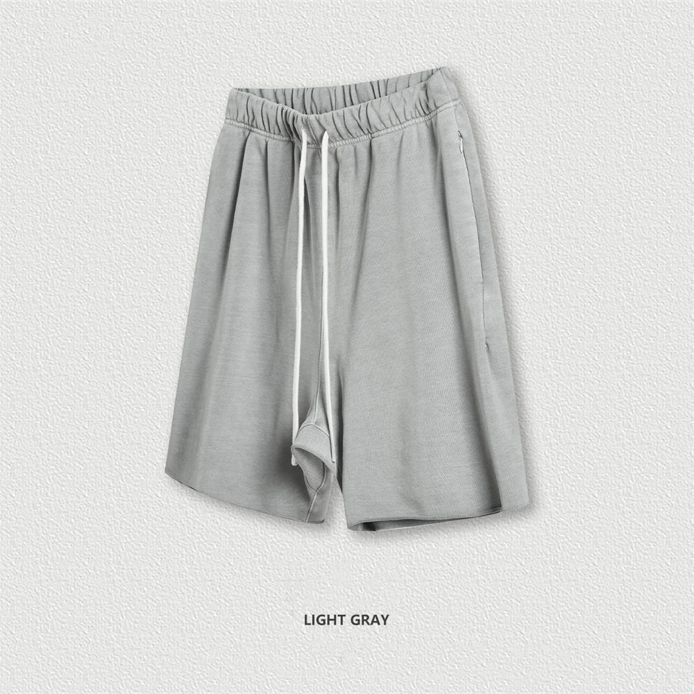 ZODF New Summer Men Retro Washed Shorts Unisex Drawstring Loose Edge 420gsm Solid Knee Length Cotton Pants Streetwears HY0589