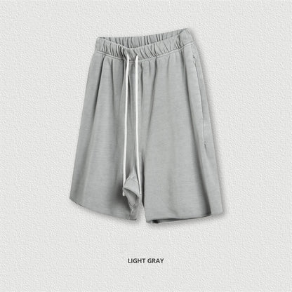 ZODF New Summer Men Retro Washed Shorts Unisex Drawstring Loose Edge 420gsm Solid Knee Length Cotton Pants Streetwears HY0589