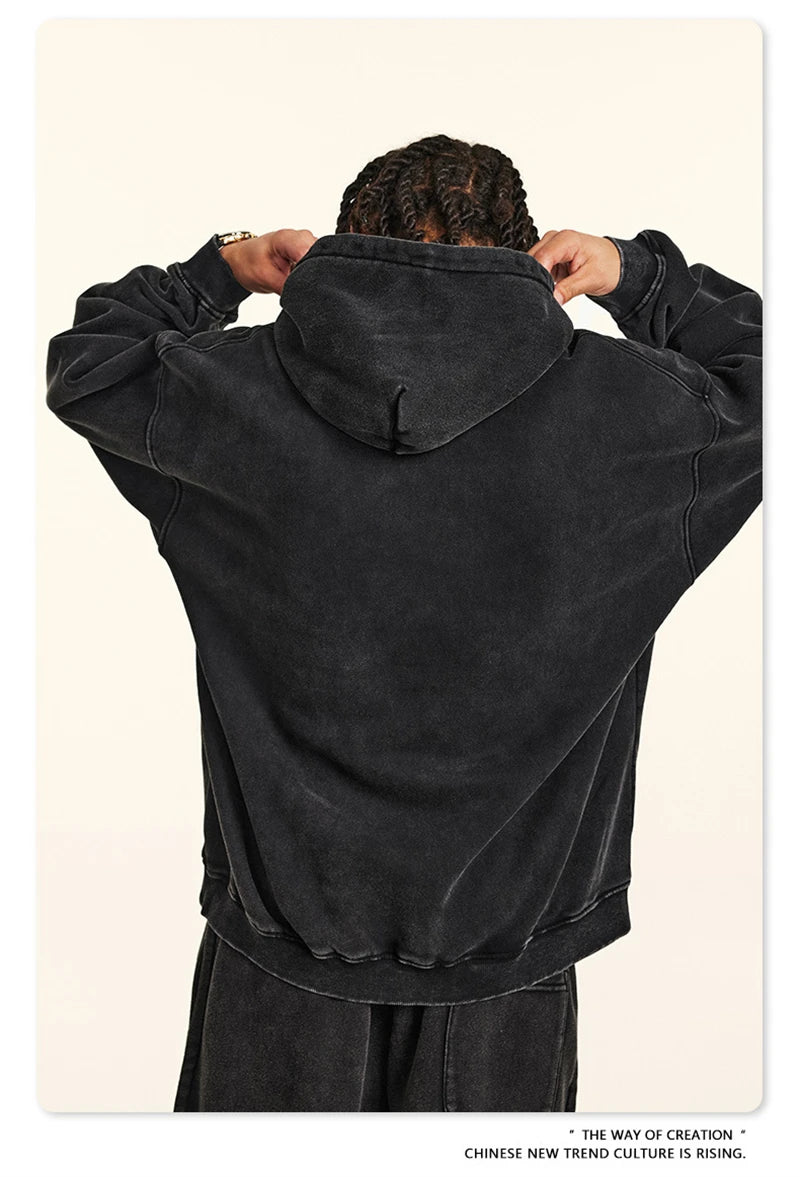 ZODF Retro Men’s Winter Washed Fleece Hoodie 360gsm Warm Knitted Loose Hooded Pullover Streetwear HY0887