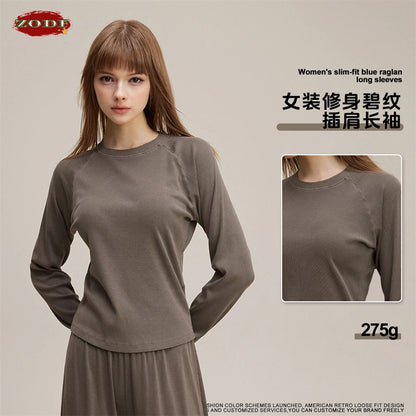 ZODF Sexy Autumn Washed 275gsm Full Sleeve T Shirt For Women Ladies Girls Slim Fit Distressed T-Shirts Tops HY1145