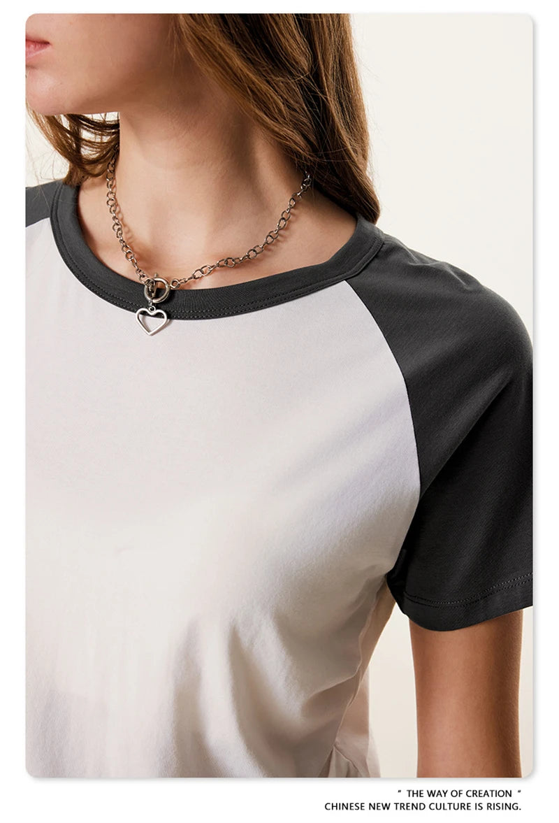 ZODF Hotsweet Summer Women Raglan Sleeve T-Shirts Girls Slim Fit 150gsm Casual Patchwork O Neck T Shirt Brand Tees HY1021