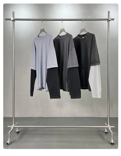 ZODF Retro Fake 2-Piece Cotton T-Shirts For Man Unisex Distressed Full Sleeve Washed O Neck T Shirt Brand Tees HY1156