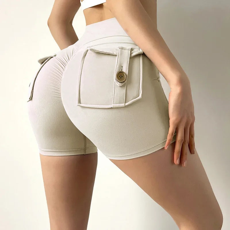 High Waist Yoga Shorts for Women with Pockets Scrunched Butt Push Up Gym Leggings Sexy Fitness Running Tights - White