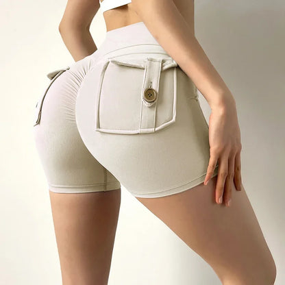 High Waist Yoga Shorts for Women with Pockets Scrunched Butt Push Up Gym Leggings Sexy Fitness Running Tights - White