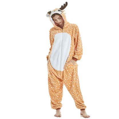 Kigurumi Onesie Pajamas Zip Cartoon Deer Jumpsuits For Adult Women Men Animal Pyjamas Pajama Cosplay Costume Nightwears Overalls