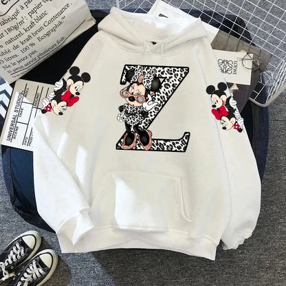 2024 Women's Winter Jacket Cute Kawaii Disney Mickey Mouse Lucky Letters Print White Hoodie Fashion Couple Streetwear Sportswear
