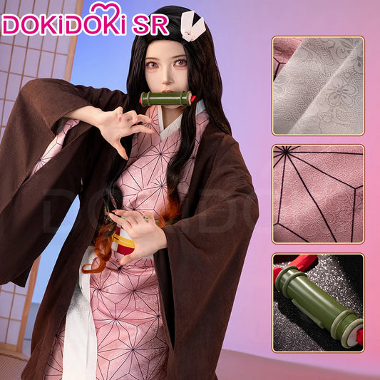 IN STOCK Kamadoo Nezukoo Cosplay Costume Anime DokiDoki-SR Women Pink Kimono Nezukoo Halloween Cosplay Wig Props