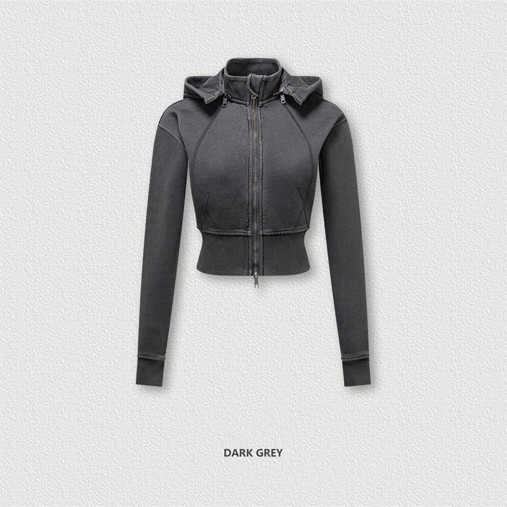 ZODF Vintage 2025 Winter Batik Washed Crop Hoodies Female Girls Remove Hood Heavy Weight Sport 400gsm Hooded Coat HY1085