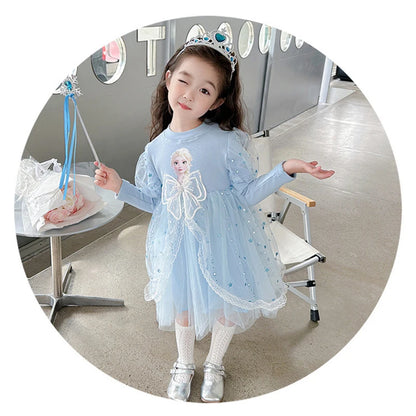 Toddler Girl Dress 2 to 3 4 5 6 7 8 9 Years Long Sleeve Princess Elsa Kids Dresses Blue Tutu Dress Children Clothes