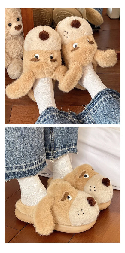 Cartoon Puppy Autumn And Winter Coral Fleece Soft Comfortable Warm Home Slippers Cotton Slippers Indoor Anti Slip Practical Gift