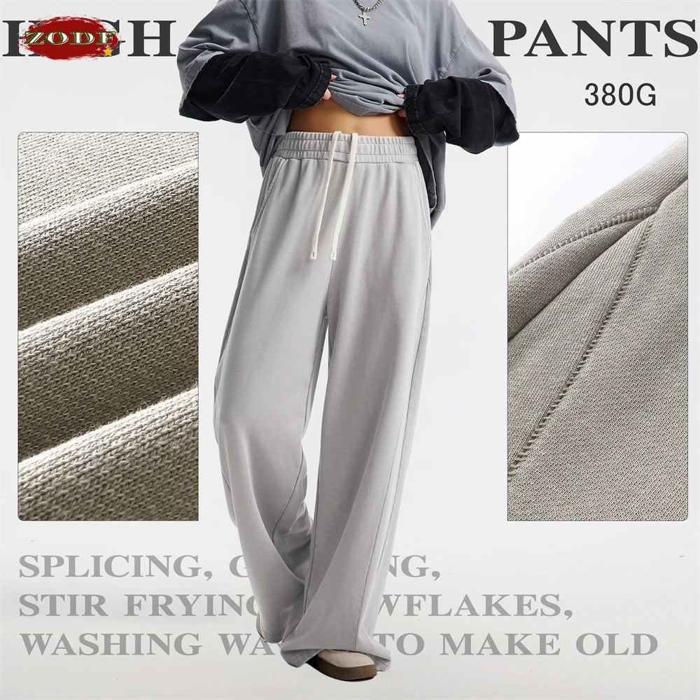 ZODF Retro 2025 Autumn Men 380gsm Washed Cotton Pants Unisex Patchwork Distressed Heavyweight Loose Solid Terry Trousers HY1071