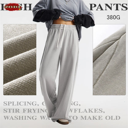 ZODF Retro 2025 Autumn Men 380gsm Washed Cotton Pants Unisex Patchwork Distressed Heavyweight Loose Solid Terry Trousers HY1071