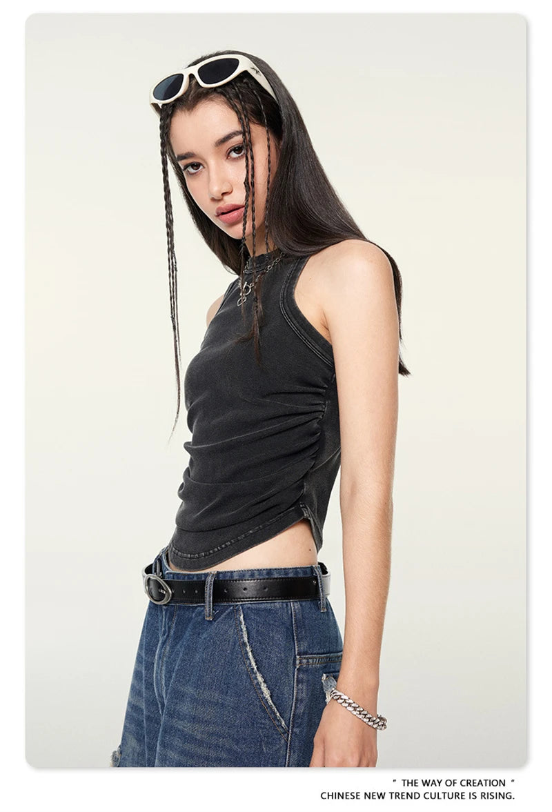 ZODF Women 2024 Summer Washed Tank Tops Female Hotsweet Girls 235gsm Slim Pleated Arc Hem Camisole TEE Streetwears HY0795