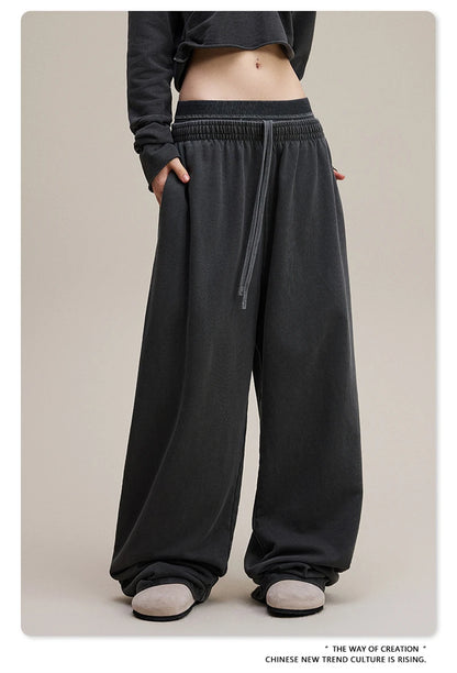 ZODF Retro Women Washed 370gsm Straight Pants Vintage Girls Female Loose Double Waist Wide Leg Cotton Trousers HY1150