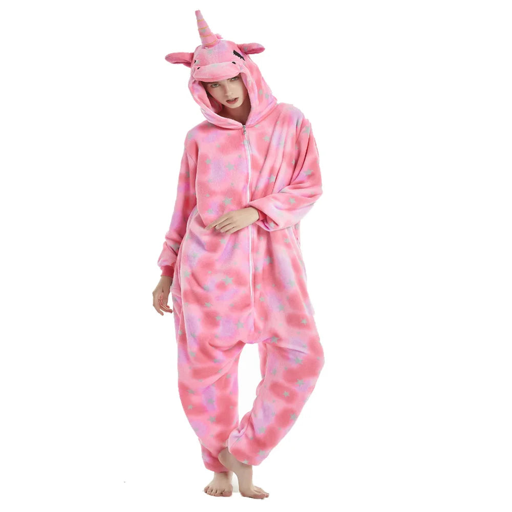 Pink Sleep Jumpsuit Woman Onesie Adults Pyjama Animal Plush Winter Warm Hooded Kigurumi Unicorn Pajamas Star Print Christmas Pjs