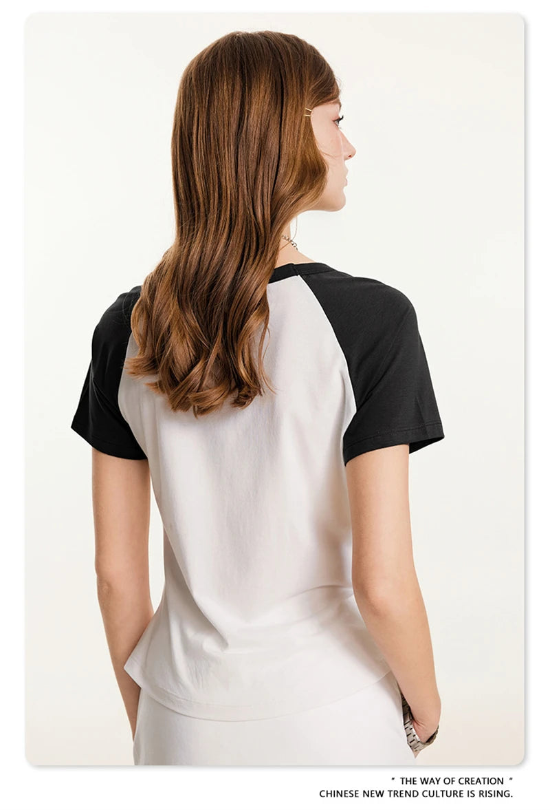 ZODF Hotsweet Summer Women Raglan Sleeve T-Shirts Girls Slim Fit 150gsm Casual Patchwork O Neck T Shirt Brand Tees HY1021
