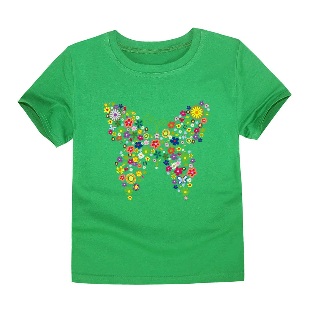 2024 New Kids Girls T-shirt Teen 100% Cotton Flower Butterfly Tshirt Green White Korean Summer Tops Clothing 2 4 6 8 10 12 Years